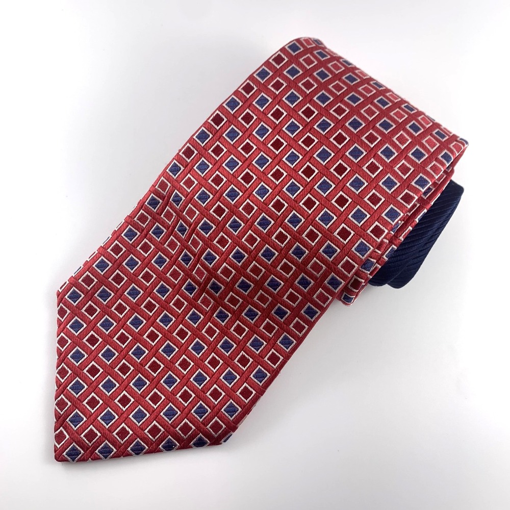 Tommy Hilfiger Mens Tie Red Blue & White Geometric Pattern 100% Silk Necktie‎